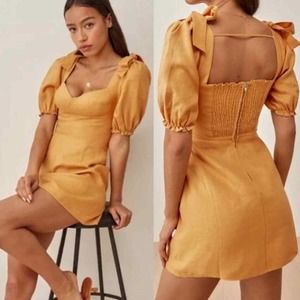 Reformation Puff-Sleeve Mini Dress in Mustard